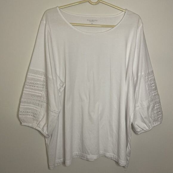 TALBOTS White Embroidered Crochet Trim 3/4 Sleeve Cotton Blouse Cottage Size 3XL - Picture 1 of 8